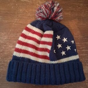 Unisex Adult Patriotic Knit Beanie Cuffed Sides Pom Poms Preppy Americana